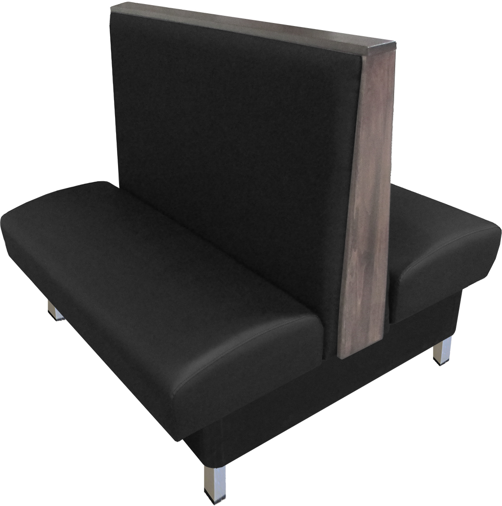 Anamosa vinyl/upholstered restaurant booth with brushed aluminum legs and oak wood top & side cap stained in dove gray stain. Black vinyl