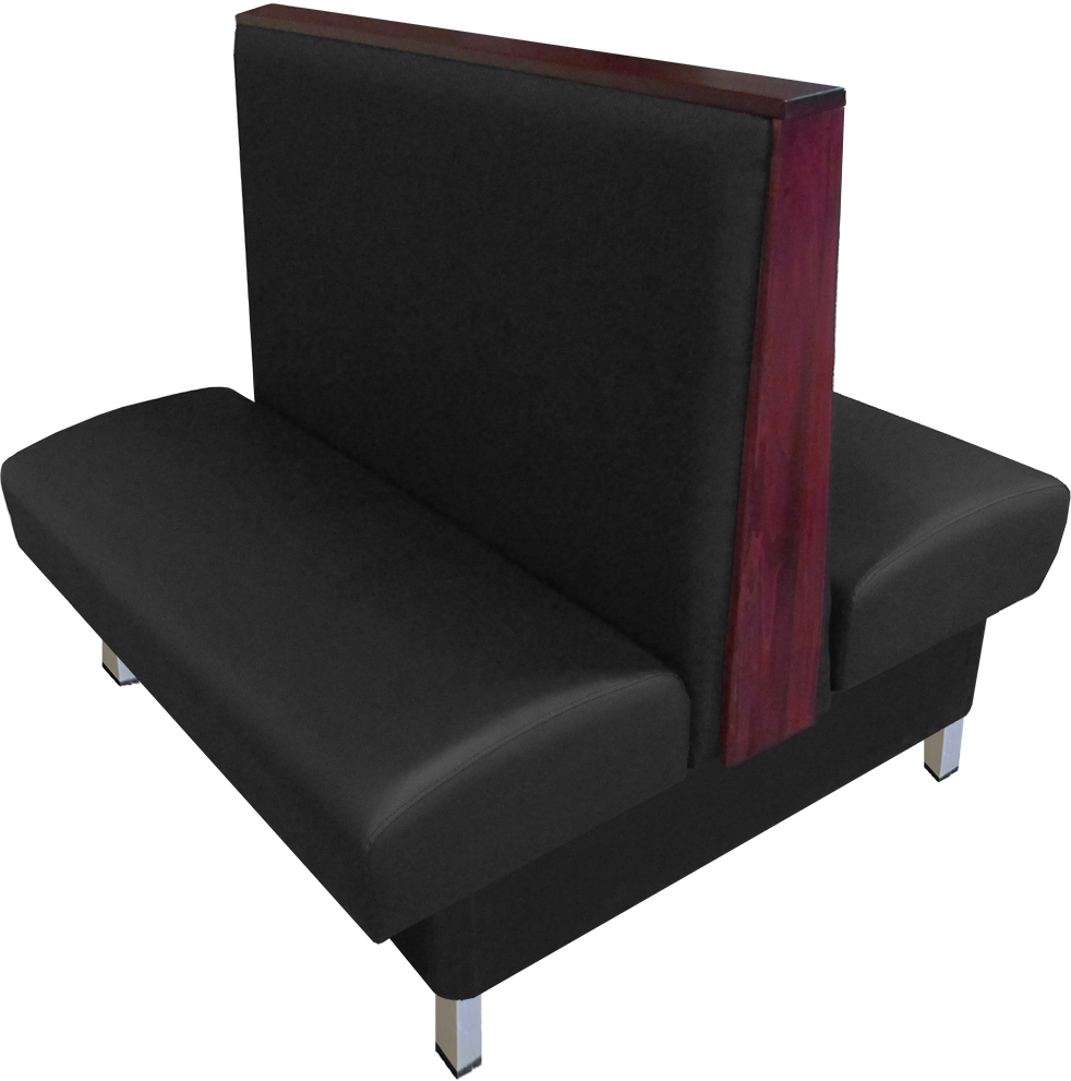 Anamosa vinyl/upholstered restaurant booth with brushed aluminum legs and oak wood top & side cap stained in mahogany stain. Black vinyl