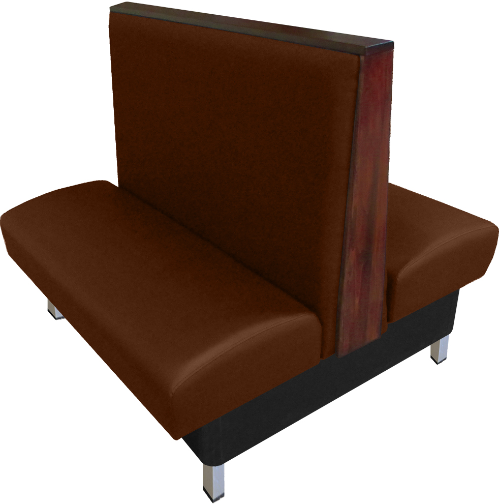 Anamosa vinyl/upholstered restaurant booth with brushed aluminum legs and oak wood top & side cap stained in American walnut stain. Chestnut vinyl