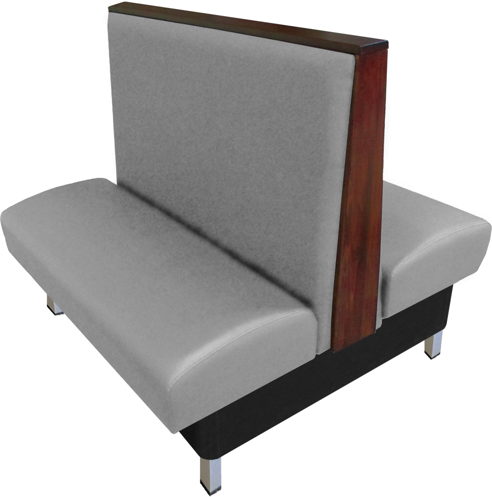 Anamosa vinyl/upholstered restaurant booth with brushed aluminum legs and oak wood top & side cap stained in American walnut stain. Gray vinyl