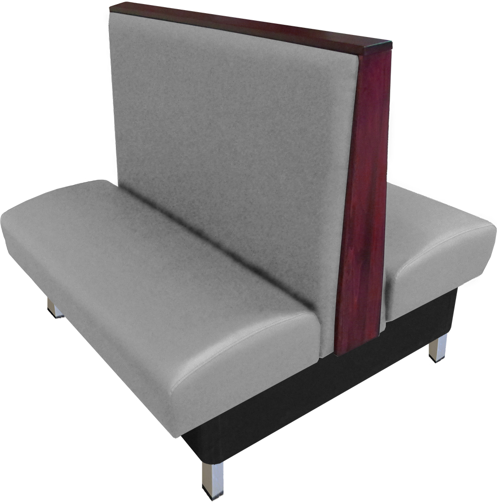 Anamosa vinyl/upholstered restaurant booth with brushed aluminum legs and oak wood top & side cap stained in mahogany stain. Gray vinyl