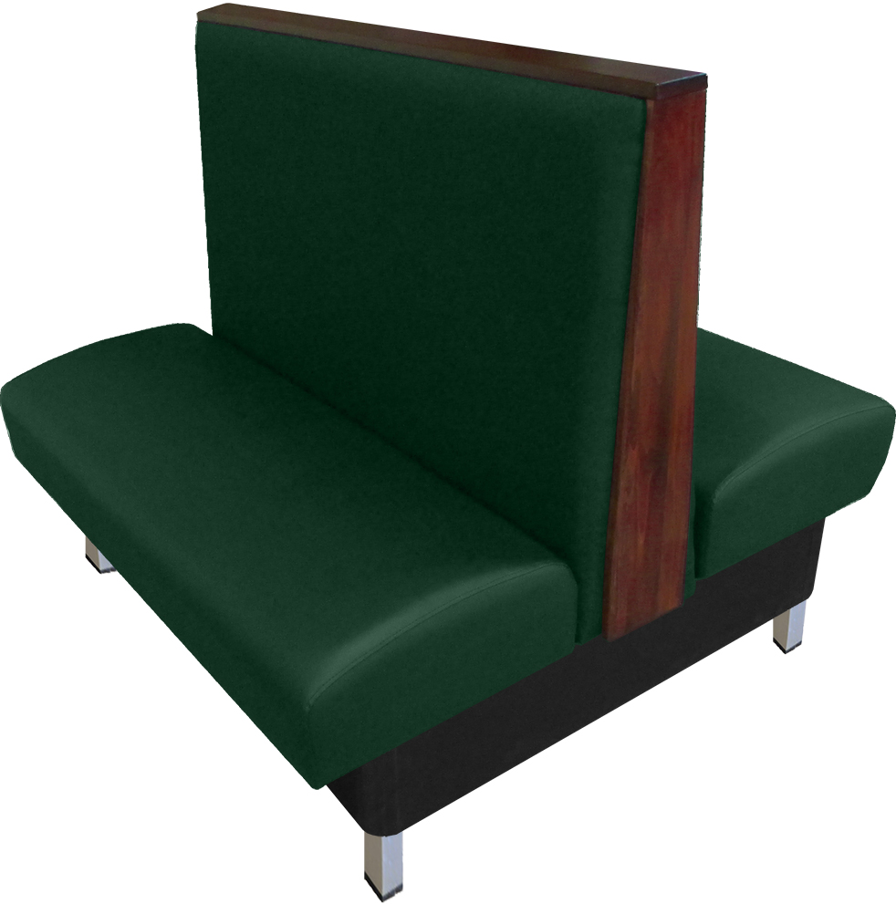 Anamosa vinyl/upholstered restaurant booth with brushed aluminum legs and oak wood top & side cap stained in American walnut stain. Hunter Green vinyl