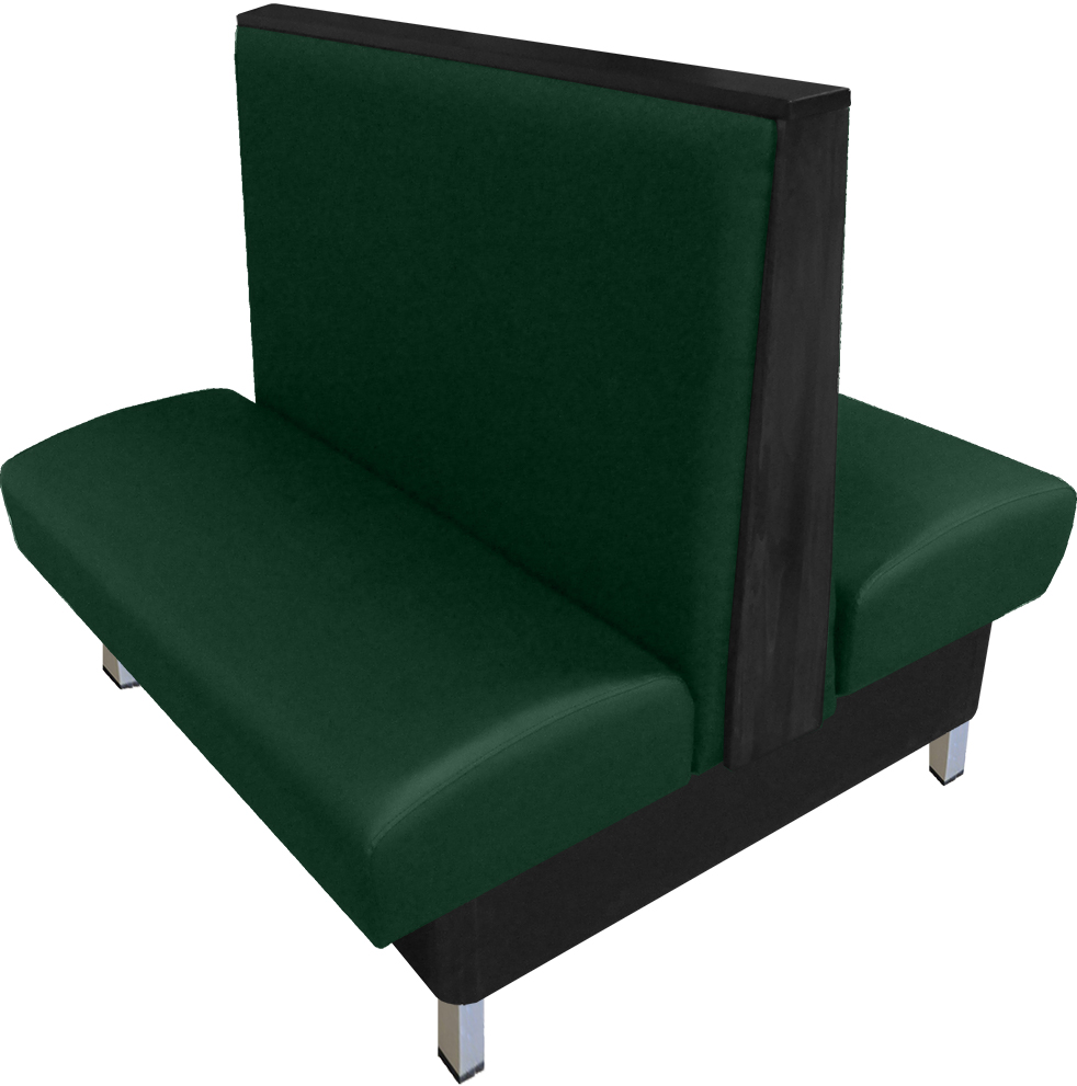 Anamosa vinyl/upholstered restaurant booth with brushed aluminum legs and oak wood top & side cap stained in black stain. Hunter Green vinyl