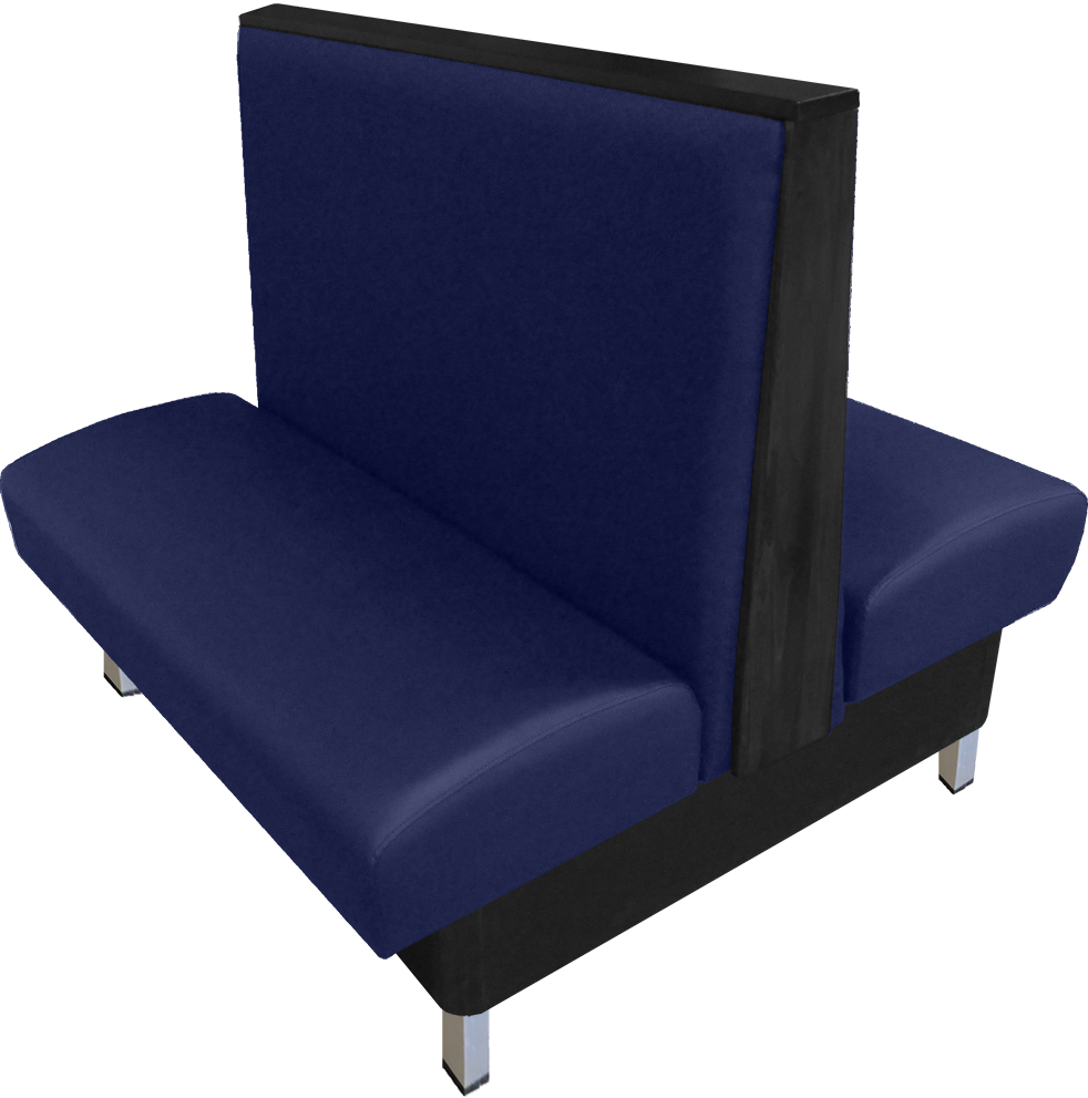 Anamosa vinyl/upholstered restaurant booth with brushed aluminum legs and oak wood top & side cap stained in black stain. Navy vinyl
