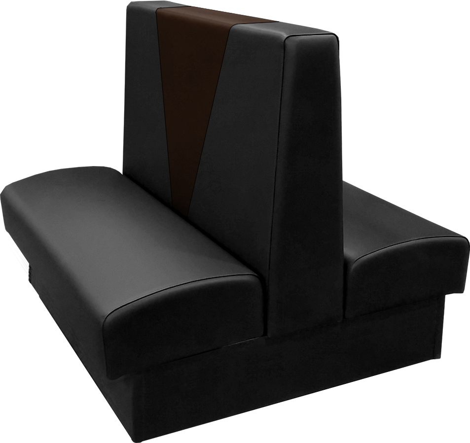 Clarke vinyl-upholstered restaurant booth with in-house black vinyl and in-house espresso accent panel