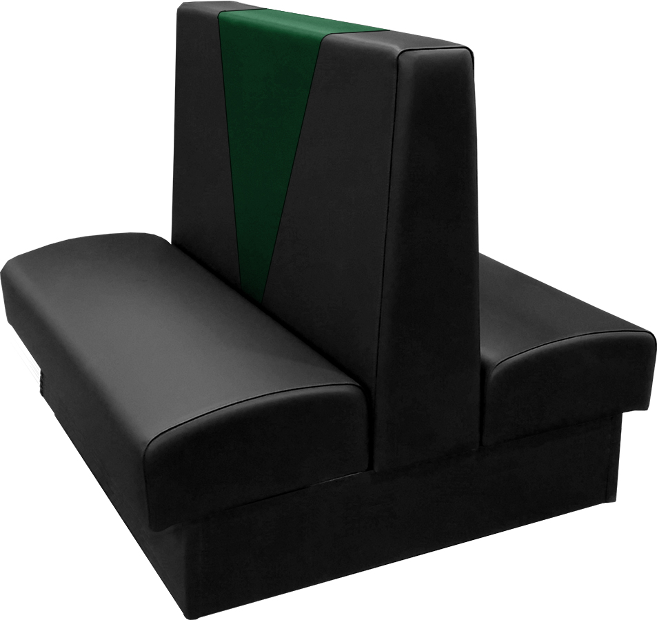 Clarke vinyl-upholstered restaurant booth with in-house black vinyl and in-house hunter green accent panel