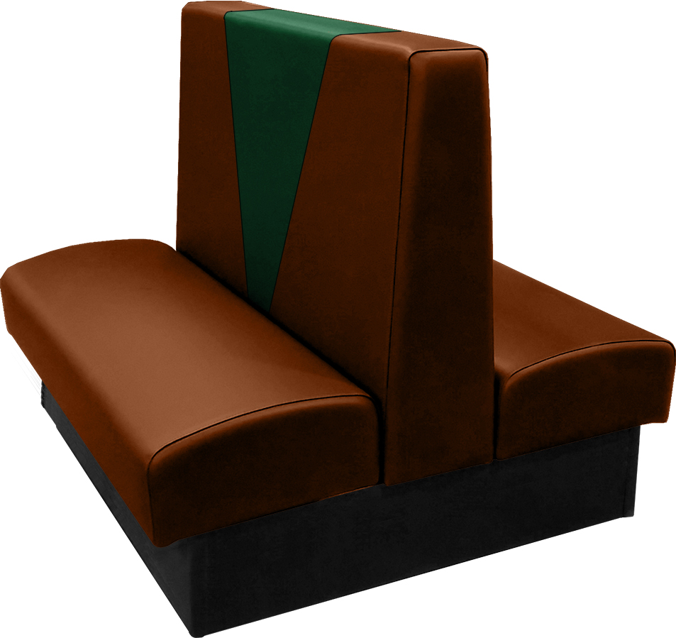 Clarke vinyl-upholstered restaurant booth with in-house chestnut vinyl and in-house hunter green accent panel