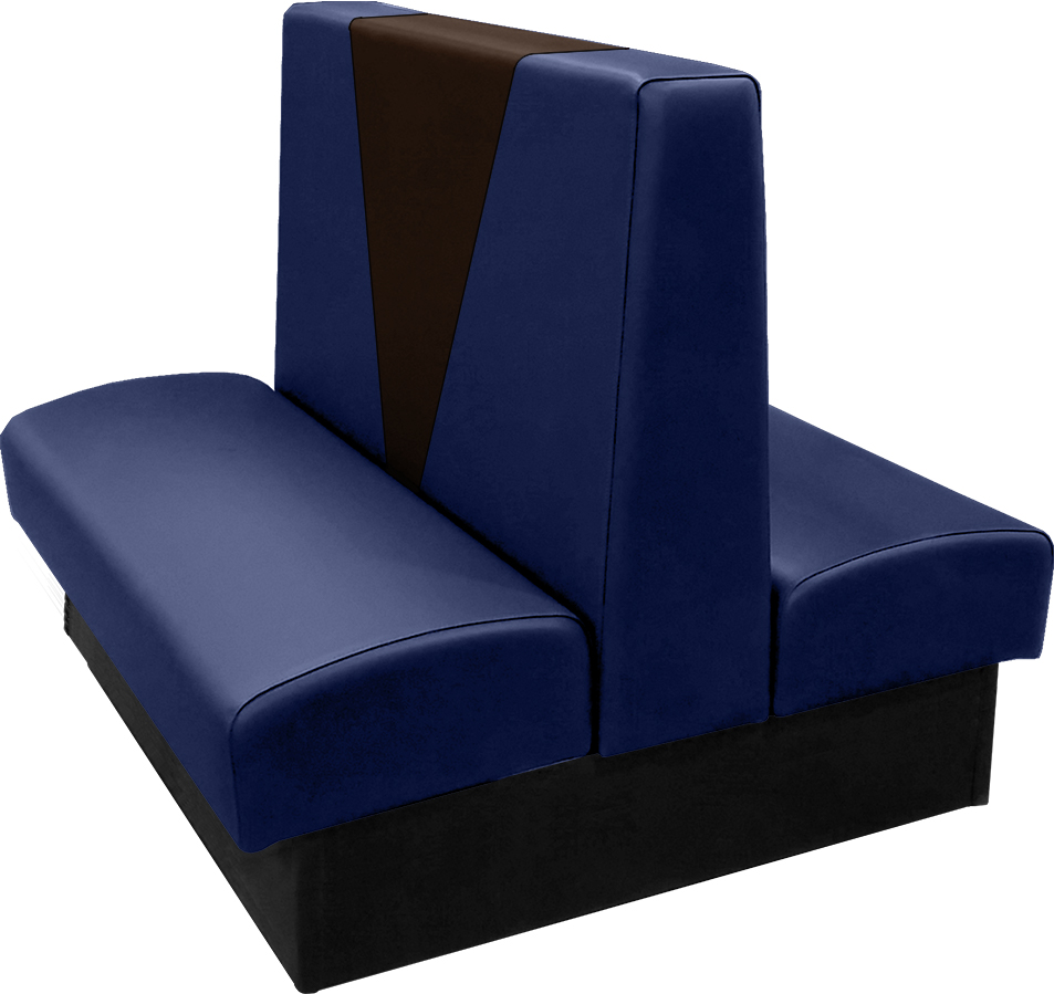 Clarke vinyl-upholstered restaurant booth with in-house navy vinyl and in-house espresso accent panel