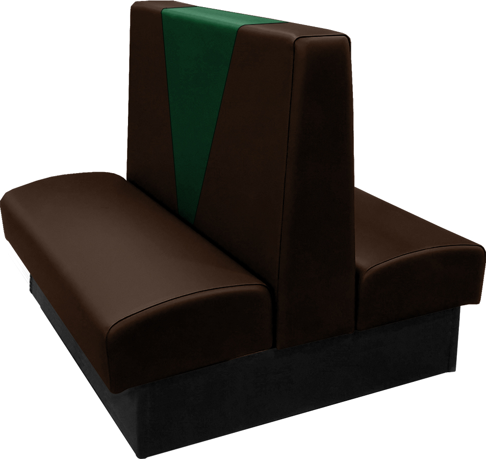 Clarke vinyl-upholstered restaurant booth with in-house espresso vinyl and in-house hunter green accent panel