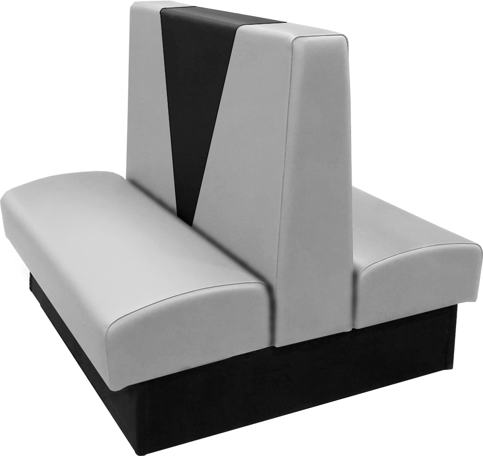 Clarke vinyl-upholstered restaurant booth with in-house gray vinyl and in-house black accent panel