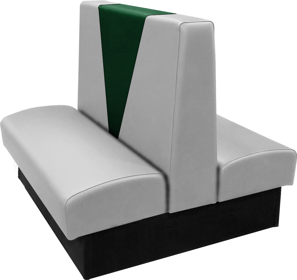 Clarke vinyl-upholstered double booth with in-house gray vinyl and in-house hunter green accent panel