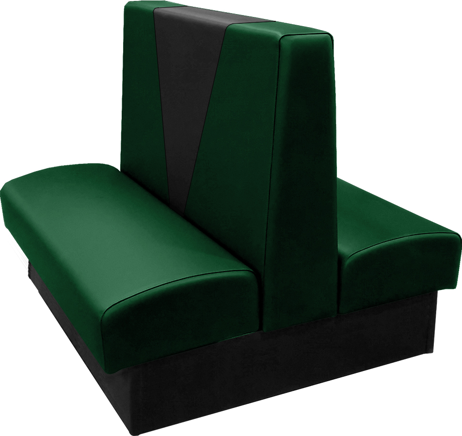 Clarke vinyl-upholstered restaurant booth with in-house hunter green vinyl and in-house black accent panel