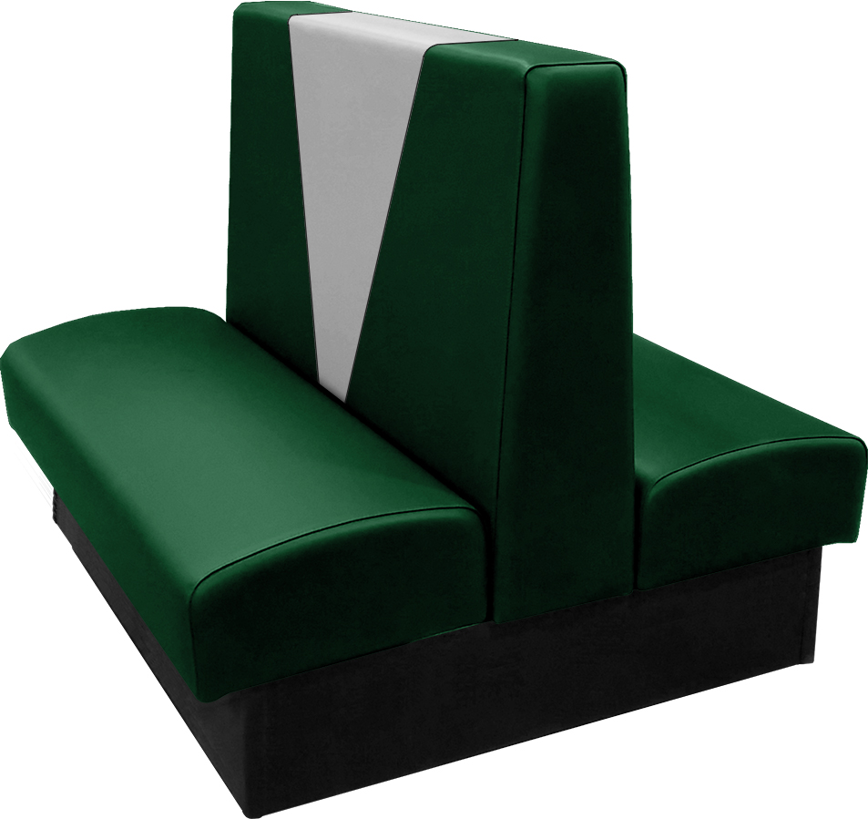 Clarke vinyl-upholstered restaurant booth with in-house hunter green vinyl and in-house gray accent panel
