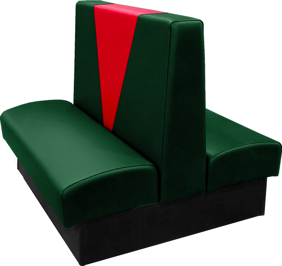 Clarke vinyl-upholstered restaurant booth with in-house hunter green vinyl and in-house red accent panel