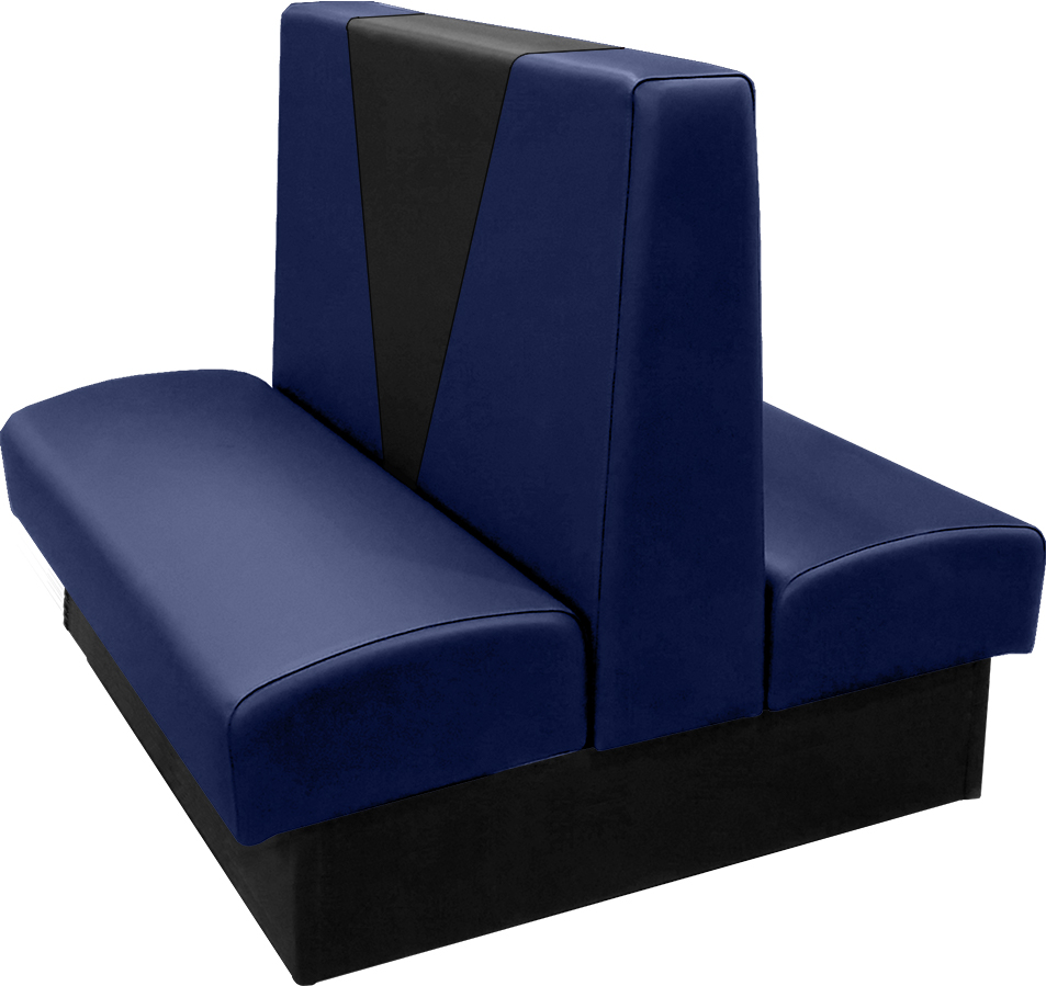 Clarke vinyl-upholstered restaurant booth with in-house navy vinyl and in-house black accent panel