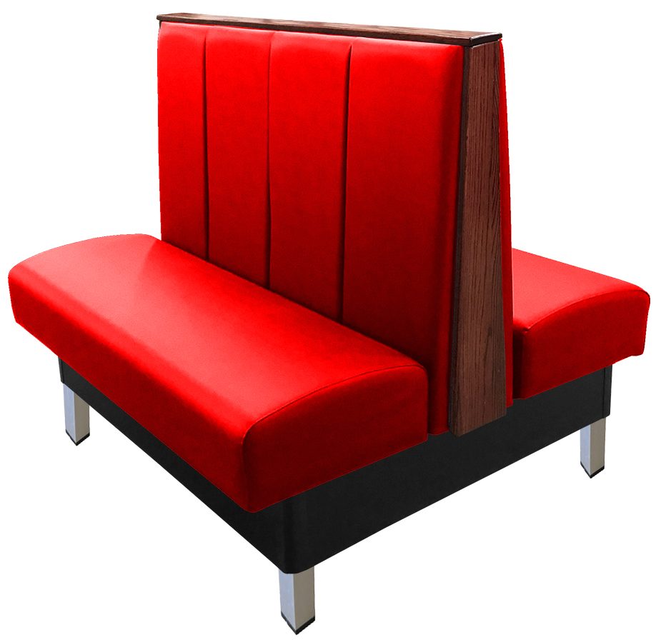 Collins vinyl/upholstered restaurant booth with vertical channelback, brushed aluminum legs, top/end caps stained in American walnut & red vinyl