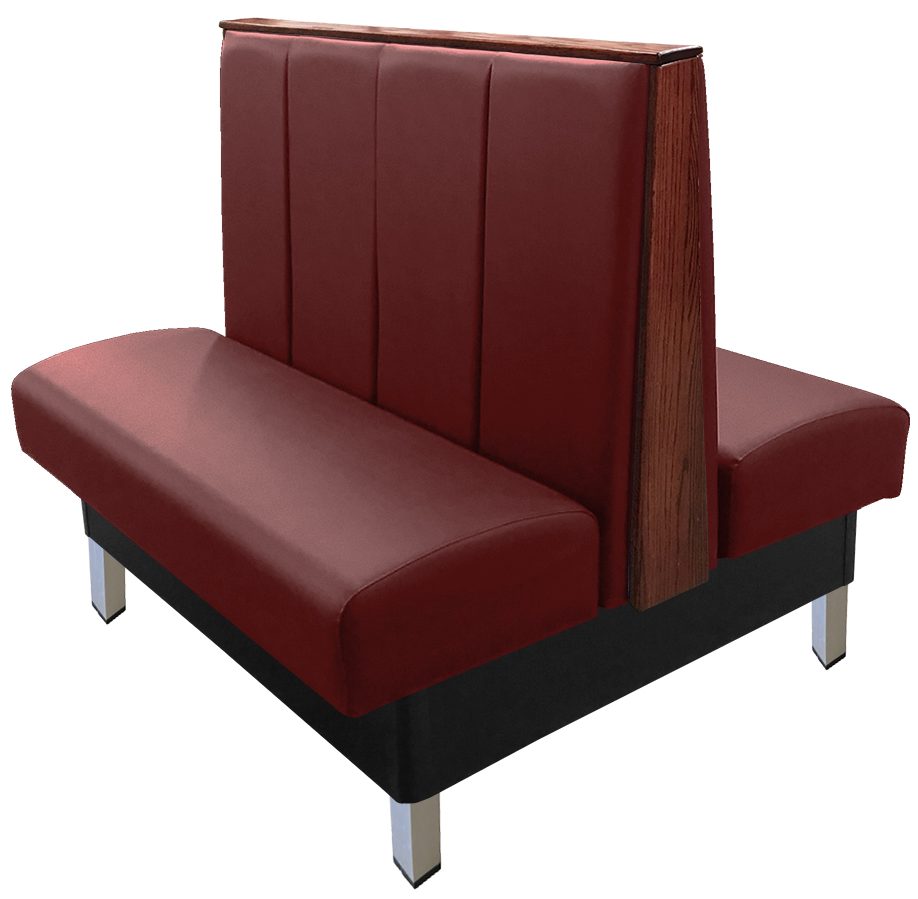 Collins vinyl/upholstered restaurant booth with vertical channelback, brushed aluminum legs, top/end caps stained in American walnut & wine vinyl