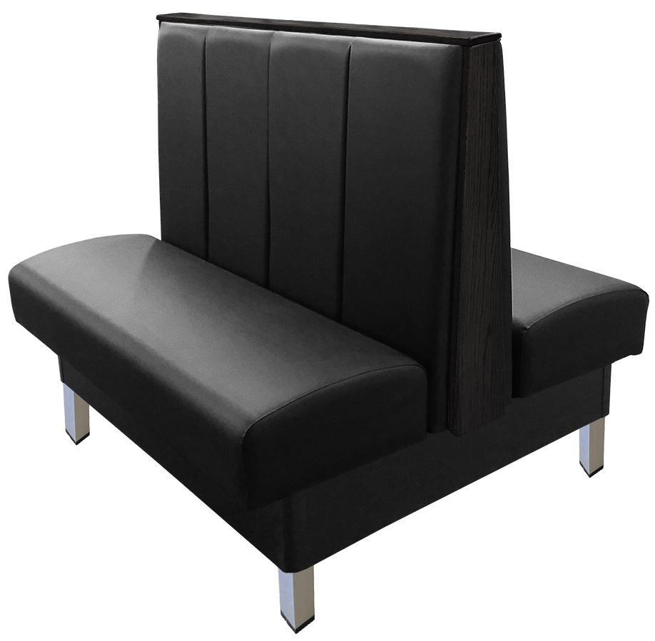 Collins vinyl/upholstered restaurant booth with vertical channelback, brushed aluminum legs, top/end caps stained in black & black vinyl