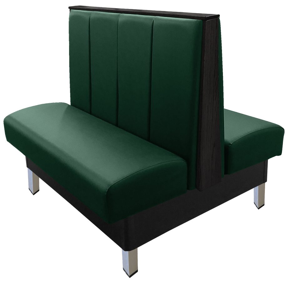 Collins vinyl/upholstered restaurant booth with vertical channelback, brushed aluminum legs, top/end caps stained in black & hunter green vinyl