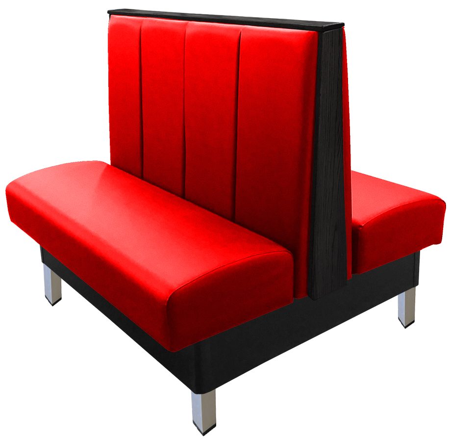 Collins vinyl/upholstered restaurant booth with vertical channelback, brushed aluminum legs, top/end caps stained in black & red vinyl