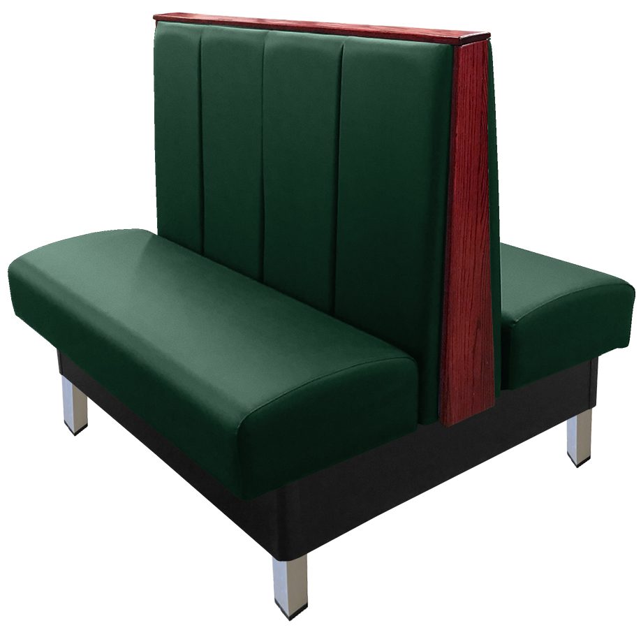 Collins vinyl/upholstered restaurant booth with vertical channelback, brushed aluminum legs, top/end caps stained in mahogany & hunter green vinyl
