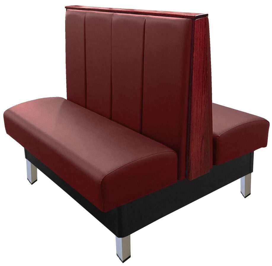 Collins vinyl/upholstered restaurant booth with vertical channelback, brushed aluminum legs, top/end caps stained in mahogany & wine vinyl