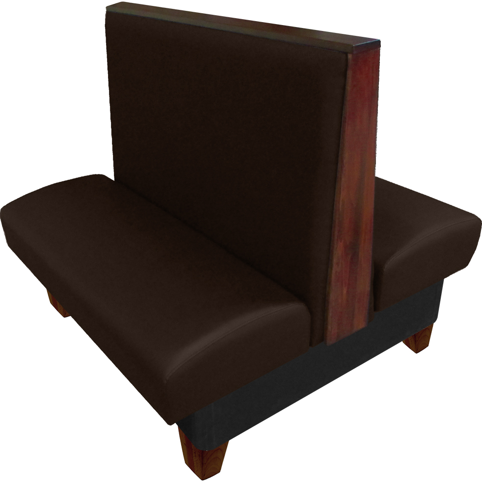 Ellsworth vinyl/upholstered restaurant booth with American walnut stained oak top/side caps and wooden legs. With espresso vinyl.