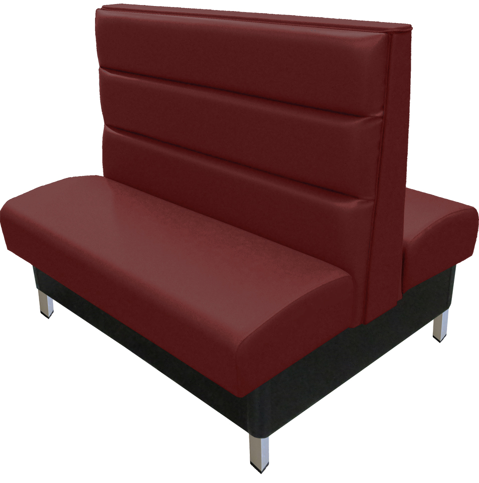 Hudson vinyl/upholstered restaurant booth with brushed aluminum legs, horizontal channelback & wine vinyl