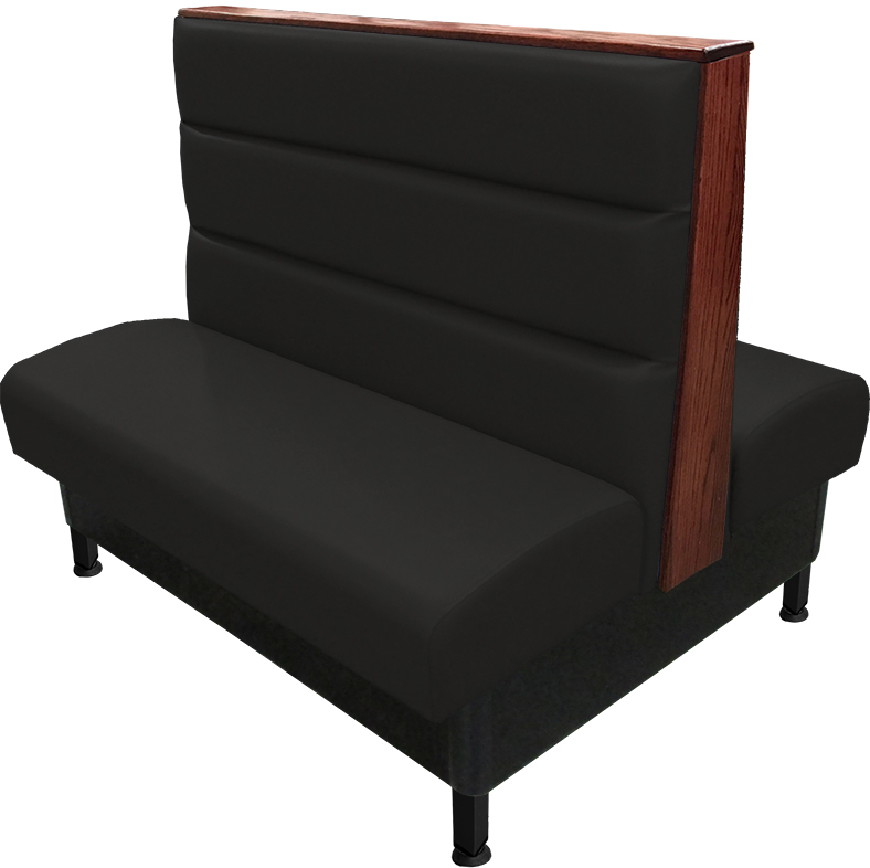 Kingsley vinyl/upholstered restaurant booth with horizontal channelback, black metal legs, oak wood top/end caps stained in American walnut, & black vinyl.