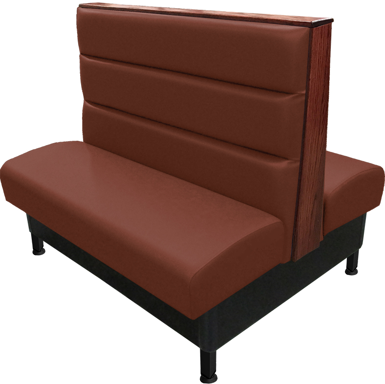 Kingsley vinyl/upholstered restaurant booth with horizontal channelback, black metal legs, oak wood top/end caps stained in American walnut, & chestnut vinyl.