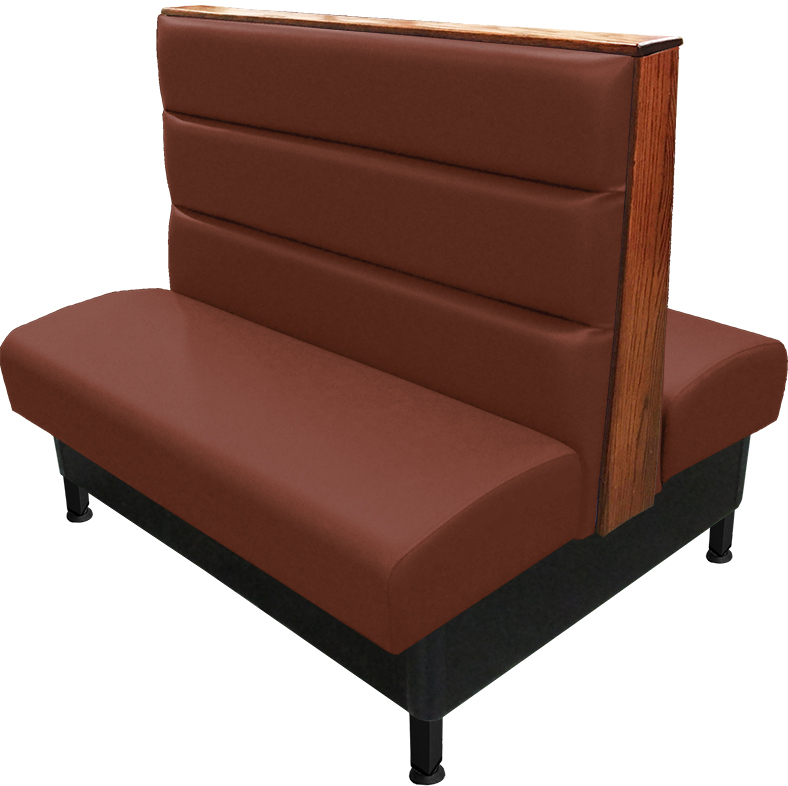 Kingsley vinyl/upholstered restaurant booth with horizontal channelback, black metal legs, oak wood top/end caps stained in autumn haze, & chestnut vinyl.