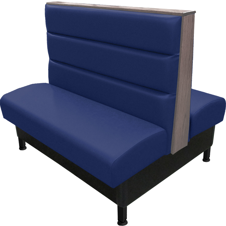 Kingsley vinyl/upholstered restaurant booth with horizontal channelback, black metal legs, oak wood top/end caps stained in dove gray, & navy vinyl.