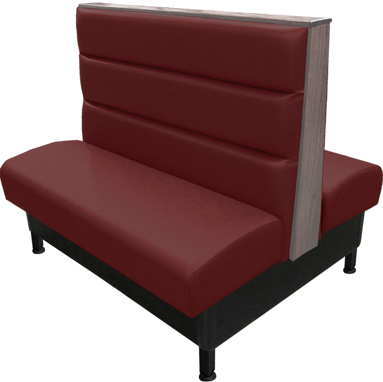 Kingsley vinyl/upholstered restaurant booth with horizontal channelback, black metal legs, oak wood top/end caps stained in dove gray, & wine vinyl.