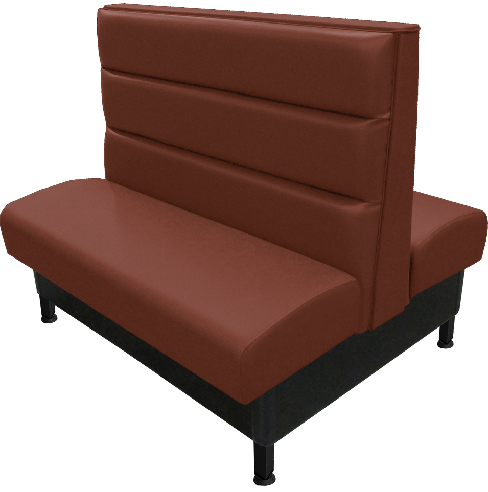 Lisbon vinyl/upholstered restaurant booth with horizontal channelback, black metal legs & chestnut vinyl