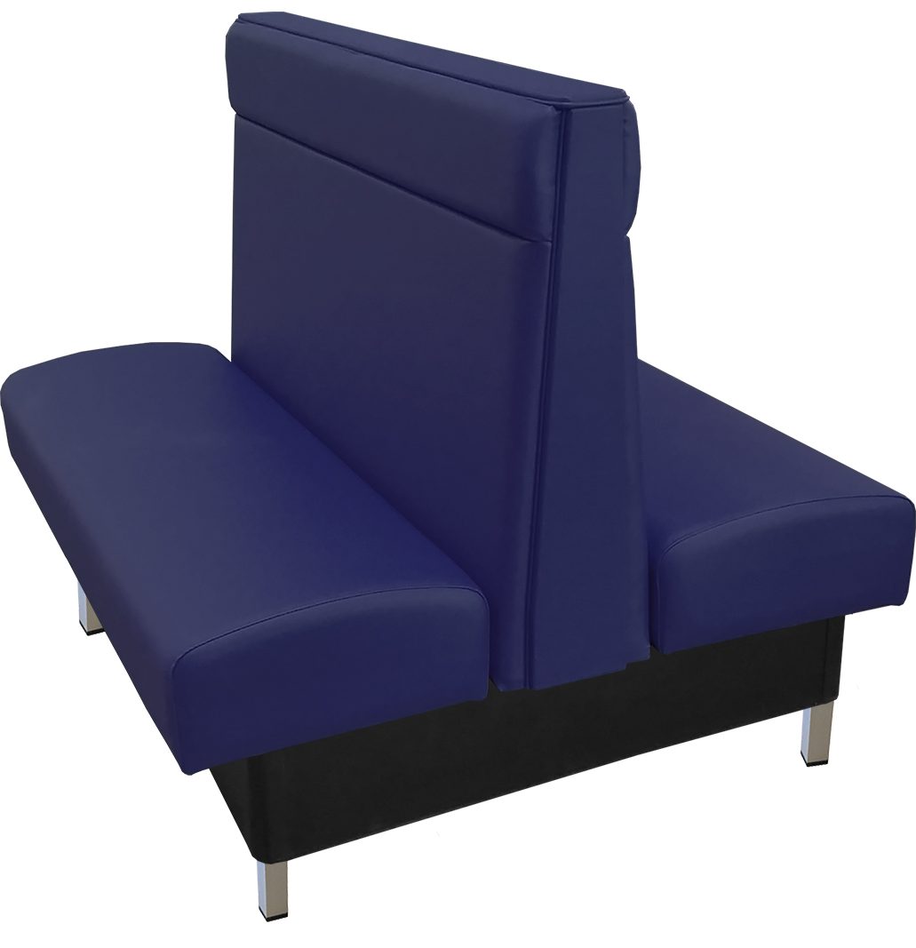 Marengo vinyl/upholstered restaurant booth with brushed aluminum legs and navy vinyl