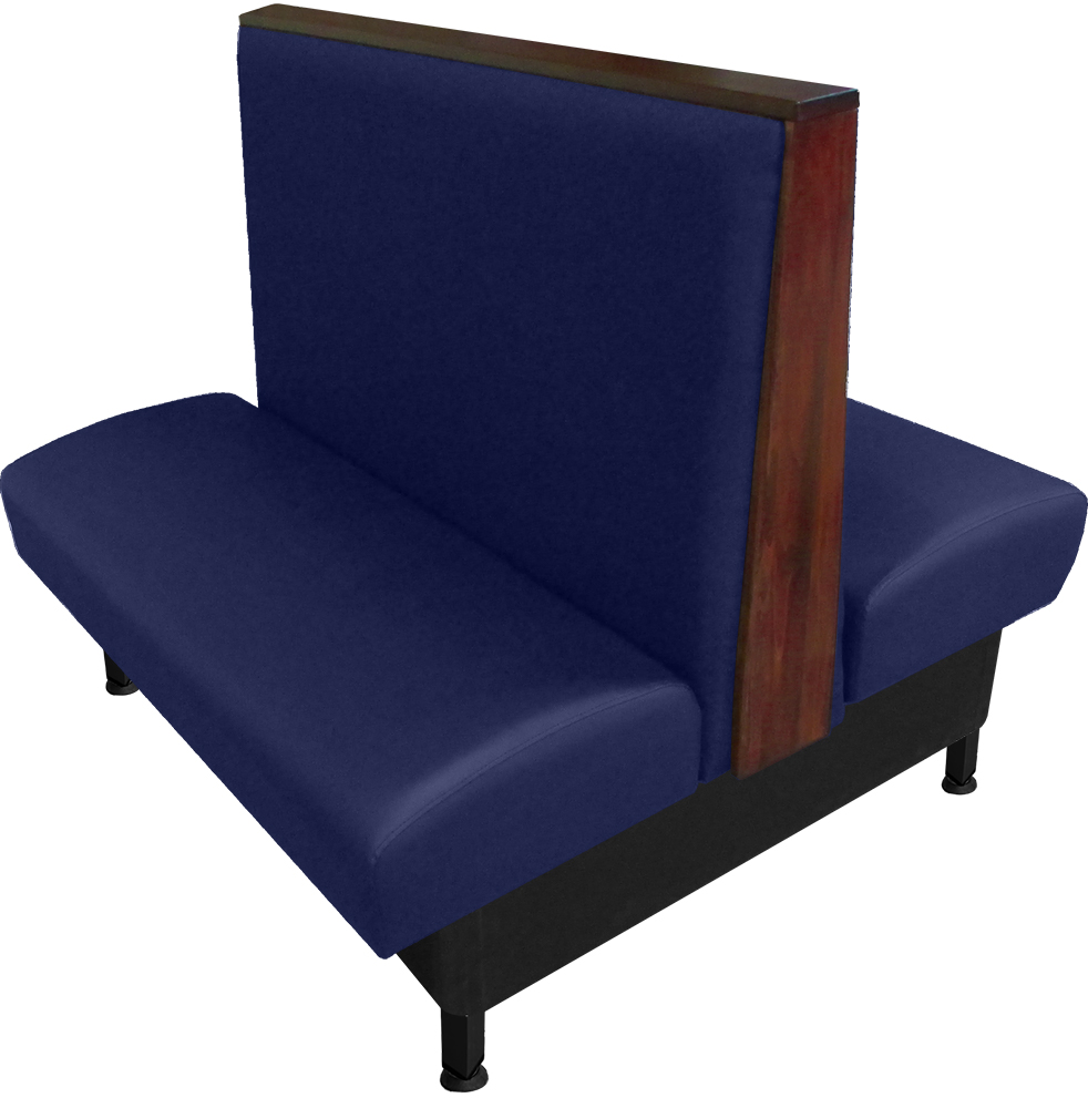 Martelle vinyl/upholstered restaurant booth with oak wood top & end cap stained in American walnut. Navy vinyl.