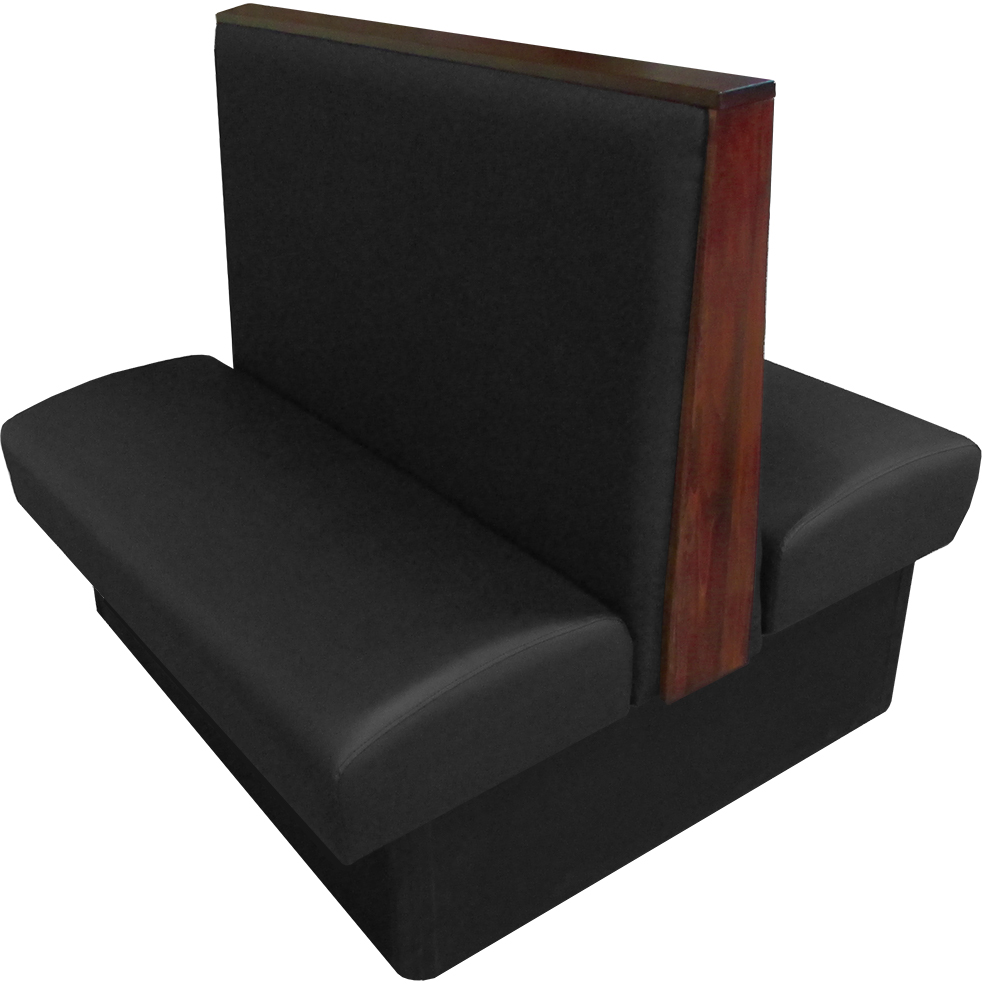 Simpson vinyl/upholstered restaurant booth with wood top/end cap in mahogany stain and black vinyl