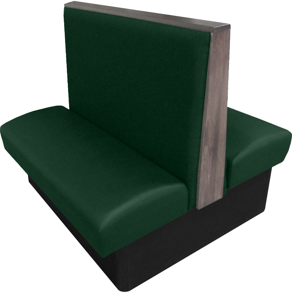 Simpson vinyl/upholstered restaurant booth with wood top/end cap in dove gray stain and hunter green vinyl