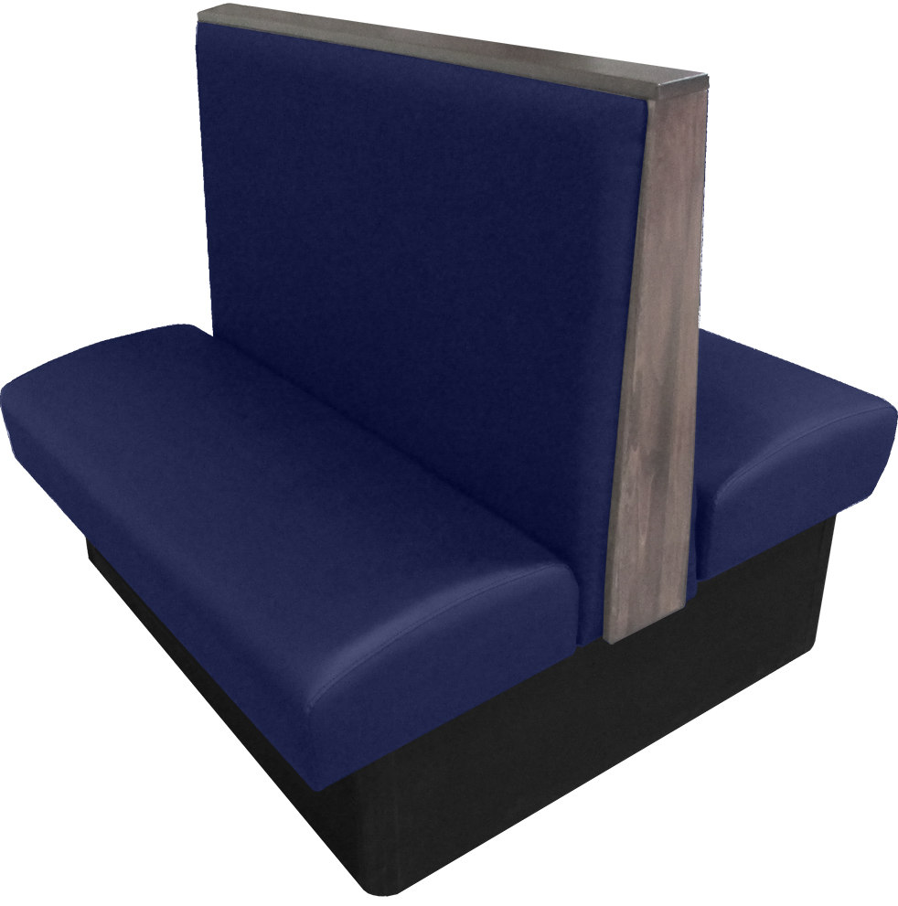 Simpson vinyl/upholstered restaurant booth with wood top/end cap in dove gray stain and navy vinyl