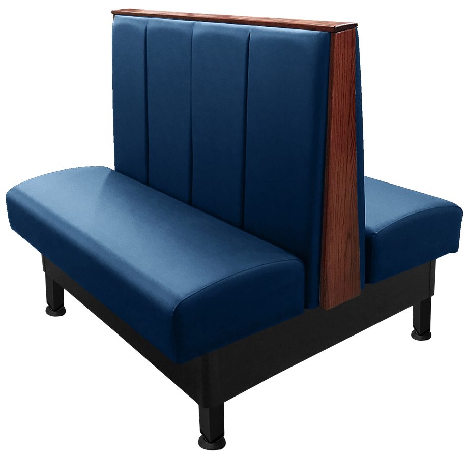Slater vinyl/upholstered restaurant booth with black metal legs, oak wood top & end caps stained in in-house American walnut. Navy vinyl.
