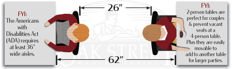 Recommended Chair & Table Setup spacing for square tables with a service aisle - Oak Street Manufacturing, OakStreetMfg