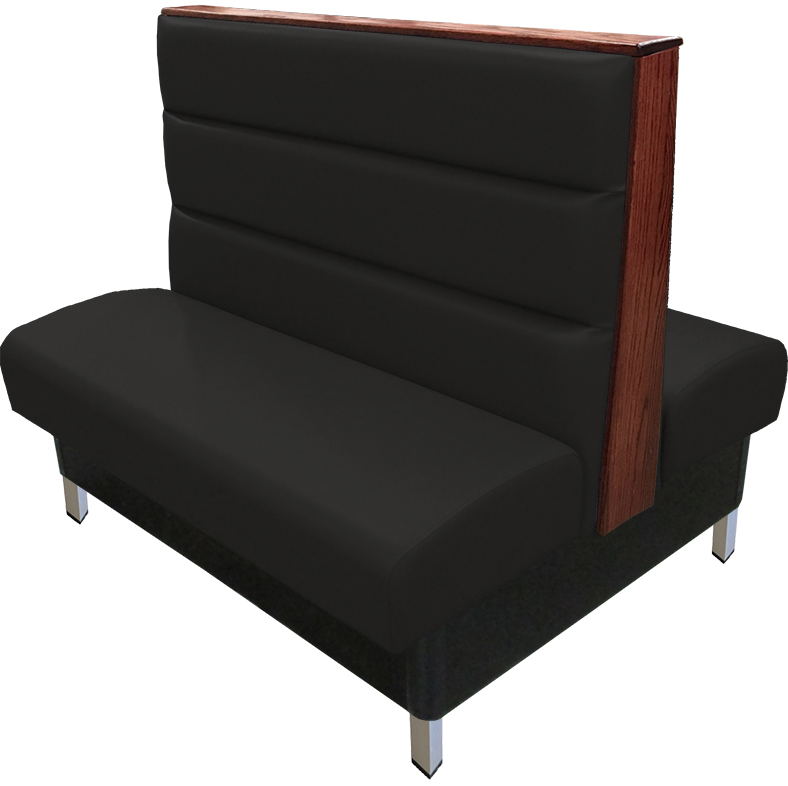 Britt vinyl/upholstered restaurant booth with a horizontal channelback, brushed aluminum legs, & wood top/end cap stained in American walnut. Black vinyl