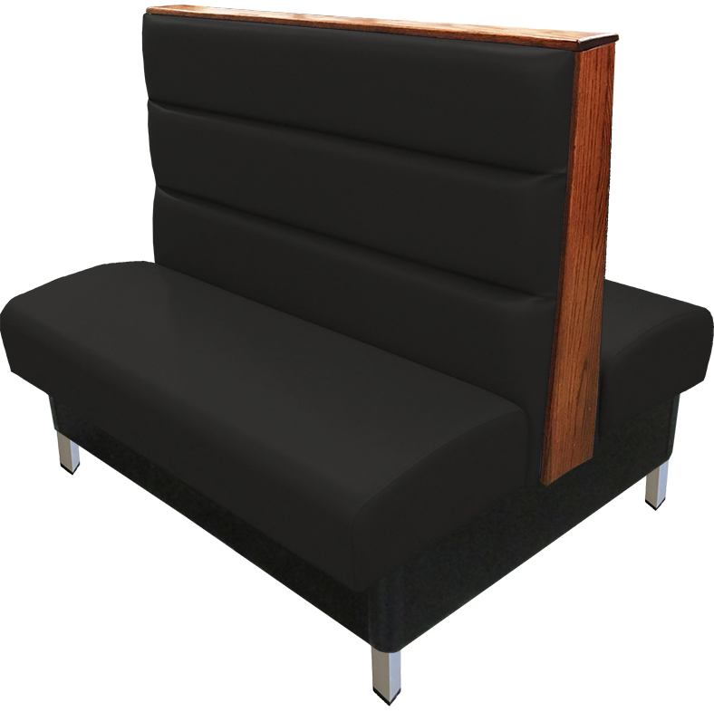 Britt vinyl-upholstered booth with black vinyl seat-back and autumn haze wood top-end cap and brushed aluminum legs v2 web
