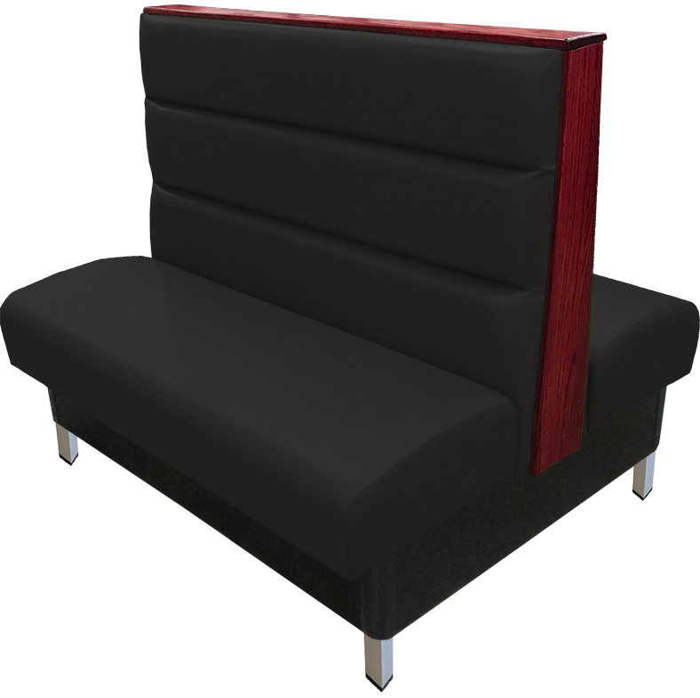 Britt vinyl/upholstered restaurant booth with a horizontal channelback, brushed aluminum legs, & wood top/end cap stained in mahogany. Black vinyl