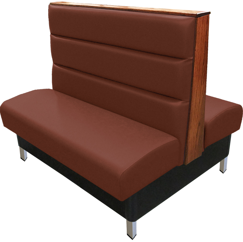 Britt vinyl-upholstered booth with chestnut vinyl seat-back and autumn haze wood top-end cap and brushed aluminum legs v2 web