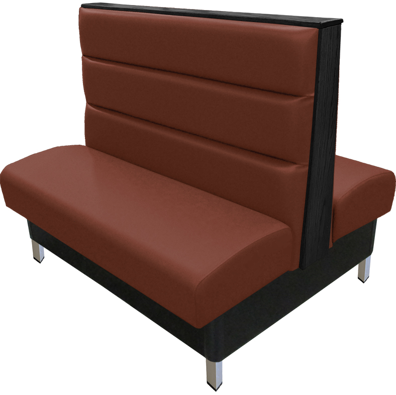 Britt vinyl-upholstered booth with chestnut vinyl seat-back and black wood top-end cap and brushed aluminum legs v2 web