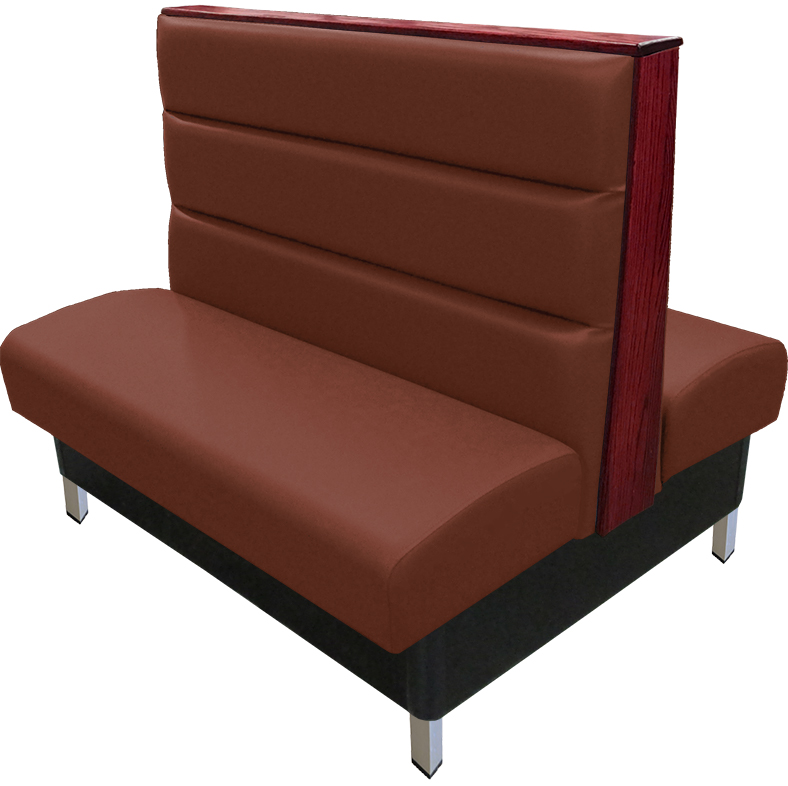 Britt vinyl/upholstered restaurant booth with a horizontal channelback, brushed aluminum legs, & wood top/end cap stained in mahogany. Chestnut vinyl
