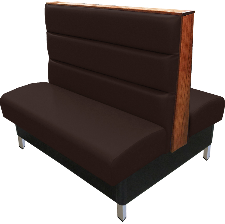 Britt vinyl/upholstered restaurant booth with a horizontal channelback, brushed aluminum legs, & wood top/end cap stained in autumn haze. Espresso vinyl