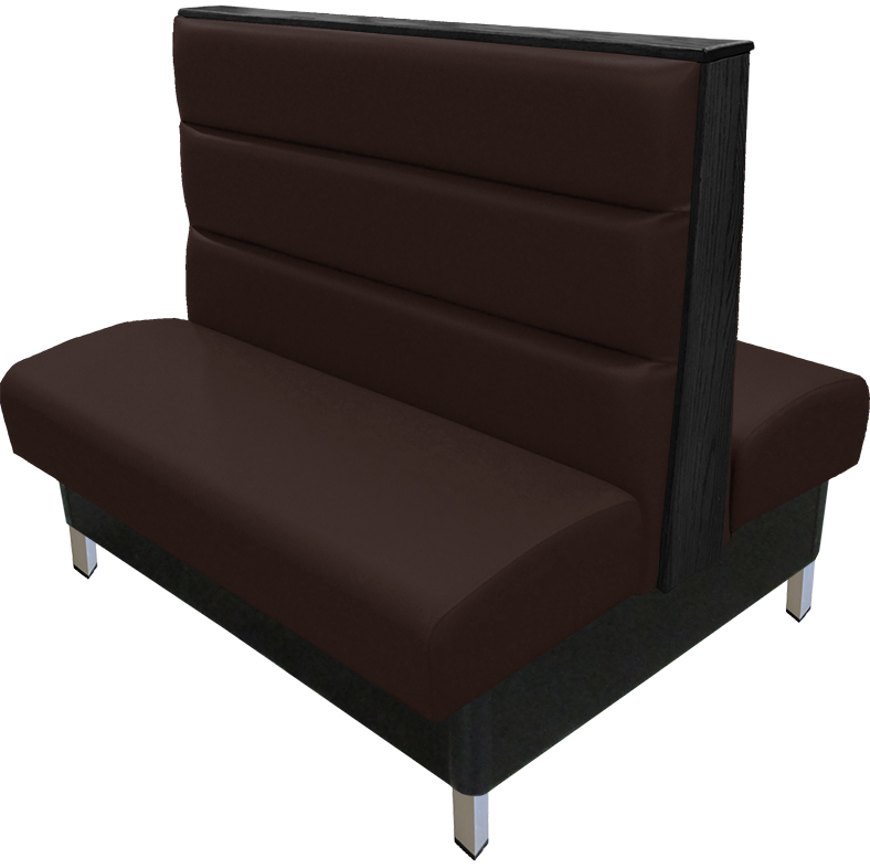 Britt vinyl/upholstered restaurant booth with a horizontal channelback, brushed aluminum legs, & wood top/end cap stained in black. Espresso vinyl