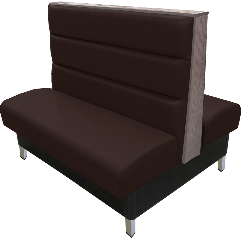 Britt vinyl-upholstered booth with espresso vinyl seat-back and dove gray wood top-end cap and brushed aluminum legs v2 web